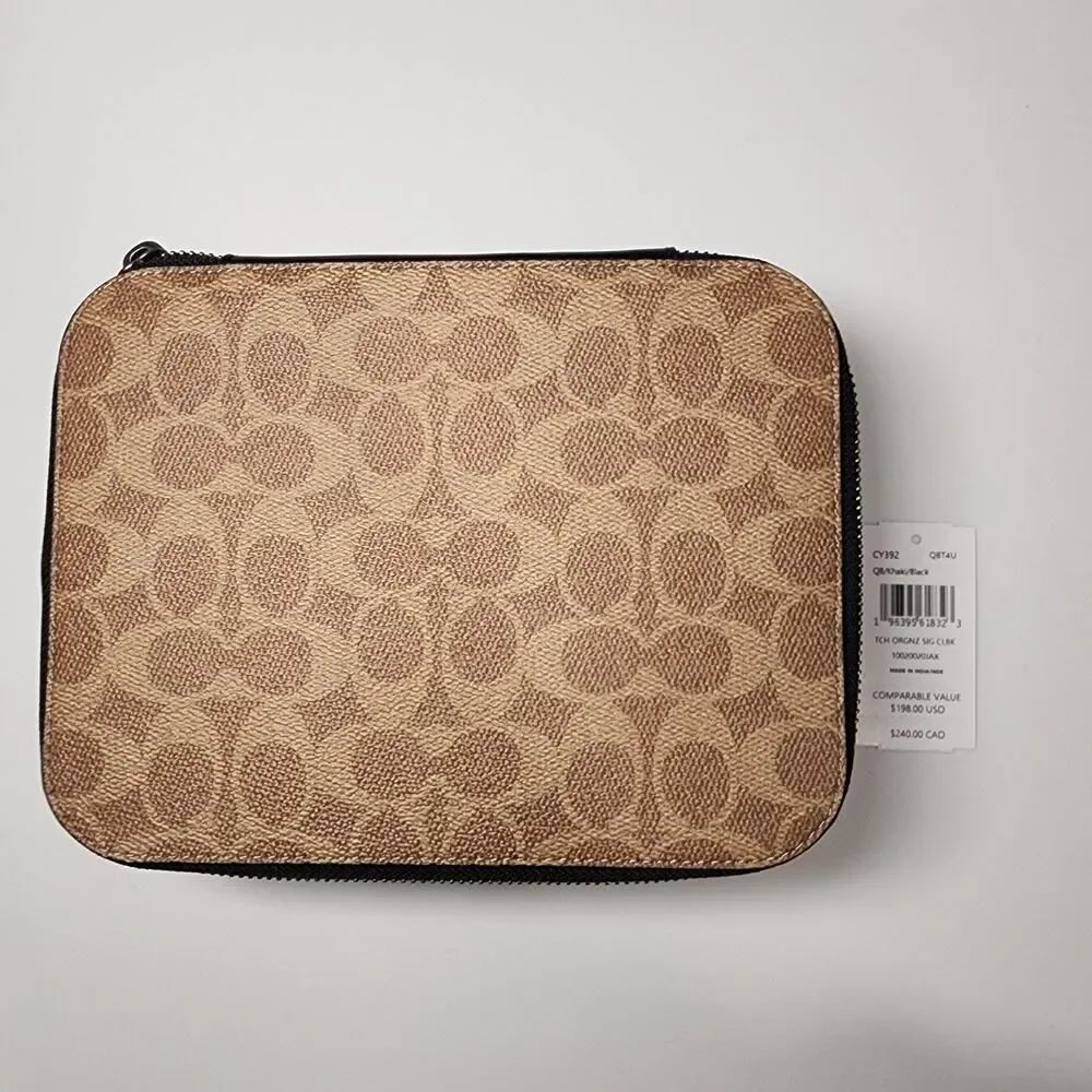 Coach CY392 Tech Organizer Colorblock Signature Canvas Khaki Black Zip Around